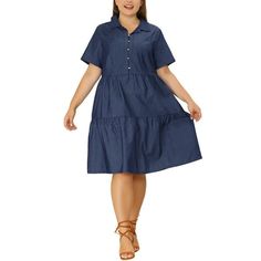 Soft fabric, creates a lived-in vibe across this leisure oversized shirt dress in v neck and flared hem. The dress is in regular fit with turn down collar, button front, elastic back and midi length denim dress. Perfectly pair it with high heels to show your charm! Occasion: Work, Casual, Daily Wear, Shopping, etc. Please check your measurements to make sure the item fits before ordering. Measurement (in inches) International Size----Chest Girth----Waist Girth 1X------------48 3/8-------------40 Plus Size Babydoll, Chambray Shirt Dress, Oversized Shirt Dress, Plus Size Brands, Chambray Dress, Denim Shirt Dress, Shirt Dresses, Chambray Shirt, Black Shirt Dress