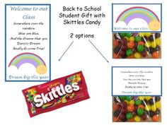 the back to school student gift with skittles candy is shown in three different pictures