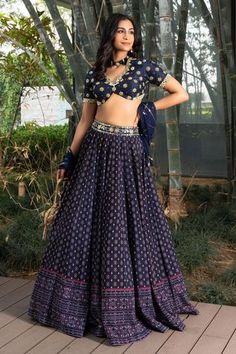 Shop for Rashika Sharma Blue Cotton Silk Printed Lehenga Set for Women Online at Aza Fashions Chiffon Lehenga, Navy Blue Lehenga, Printed Lehenga, Cotton Lehenga, Navy Blue Print, Blue Lehenga, Hem Blouse, Net Dupatta, Lehenga Designs