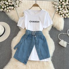 size: M, Color: white Off The Shoulder Tshirt, Denim Skirt Set, Long Tee, Set Women, Teenage Fashion Outfits, Mode Vintage, Teen Fashion Outfits, Stylish Dresses, Teen Fashion