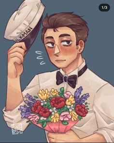 a drawing of a man holding a bouquet of flowers and a rugby ball in his hand