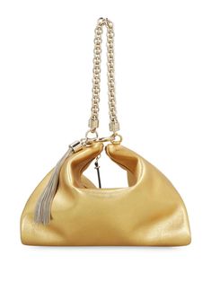 gold-tone leather metallic finish top zip fastening detachable chain-link top handle tassel detail slouch body main compartment internal logo plaque contrast lining Jimmy Choo Bags Clutches, Metallic Clutch Bag, Denim Bag Diy, Designer Clutch Bags, Metallic Clutch, Jimmy Choo Bag, Designer Clutch, Bag Diy, Denim Bag