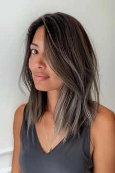 Balayage For White Hair, Dark Gray Highlights On Dark Hair, Brown Hair With Natural Gray, Black Ash Balayage, Ash Grey Highlights On Brown Hair, Hiding Grey Hair Dark Brown, Grey Blending Black Hair, Low Maintenance Black Hairstyles, Black Hair Gray Highlights