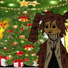 a cartoon character standing in front of a christmas tree