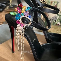 Brand New Never Worn Goldina Rains Black Satin Shoe With The Most Amazing Crystal Work I’ve Seen From Louboutin. Sz 41 Price Is Firm Bc I Love These And Secretly Don’t Want To See Them Go Brand New Never Worn Purchased In Nyc Elegant Multicolor Party Heels, Glamorous Multicolor Heels For Formal Occasions, Multicolor Glamorous Formal Heels, Glamorous Multicolor Formal Heels, Luxury Multicolor Heels For Party, Luxury Multicolor Heels For Evening, Designer Multicolor Evening Heels, Luxury Multicolor Heels For Formal Occasions, Designer Multicolor Heels For Party