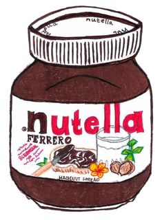 nutella spread in a glass jar on a white background with the word nutella above it