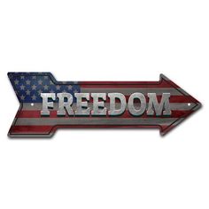 an arrow shaped sign with the word freedom painted on it, in front of a white background