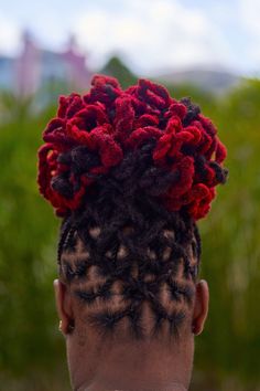 Loc Petal Mohawk Styles, Dread Updos, Maroon Dreadlocks Black Women, Red And Black Dreads Black Women, Red And Black Dreadlocks, Dreads Styles For Women, Short Dreadlocks Styles, Military Loc Styles, Dreads Girl