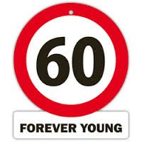 a red and white sign that says,'60 forever young'with the number sixty on it