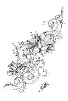 a tattoo design with flowers and swirls on it