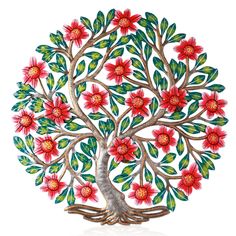 a tree with red flowers and green leaves in the shape of a circle on a white background