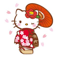 a hello kitty with an umbrella and flowers in her hair