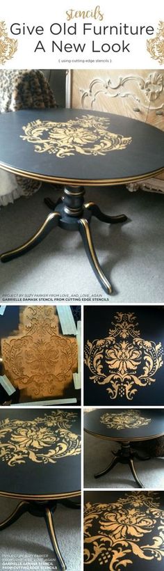 a collage of photos showing how to paint furniture with gold leaf stencils