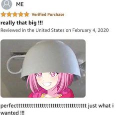 a woman with pink hair wearing a white hat and looking at the camera, text reads really that big i reviewed in the united states on feb 4, 2020