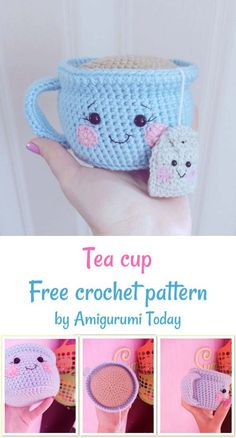 a crocheted cup with two cats in it and the text tea cup free crochet pattern by amigurmi today