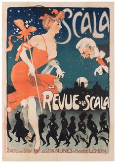 an old french poster shows women dancing in the night with stars and moon behind them