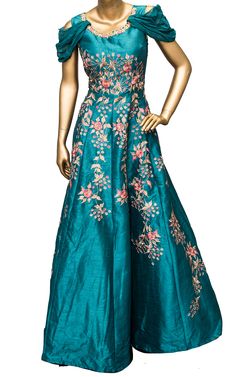 Funky sleeves anyone? This Gown is highlighted with detailed multi-color floral thread embroidery atop a deep rama green raw silk Gown!Length: 62Fabric: Raw SilkEmbroidery: Thread Silk Maxi Dress With Floral Embroidery, Floral Embroidered Maxi Dress For Reception, Floral Embroidery Maxi Dress For Reception, Floral Embroidered Floor-length Gown, Designer Silk Dress With Floral Embroidery, Floral Embroidered Maxi Length Dress For Reception, Raw Silk Dresses With Floral Embroidery For Wedding, Wedding Dresses With Floral Embroidery In Raw Silk, Art Silk Gown With Floral Embroidery For Wedding