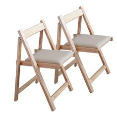 two wooden chairs sitting side by side on a white background