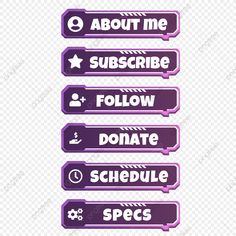 four purple and white buttons with the words about me, subscribe, follow,