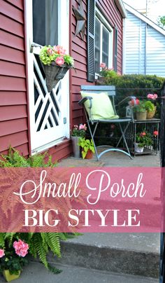 small porch big style with potted plants on the steps and pink flowers in front