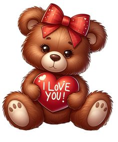 a brown teddy bear holding a red heart with the words i love you on it