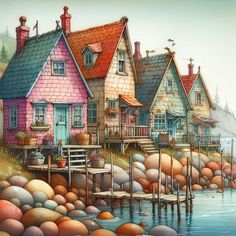 a painting of some houses by the water with rocks in front of them and a dock