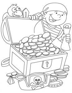 the pirate with his chest full of coins and other items to be filled with money