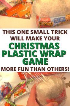 a person holding a plastic wrap in their hand with the words, this one small trick will make your christmas plastic wrap game more fun than others