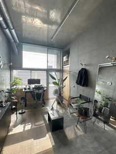 an industrial office with concrete walls and flooring, plants on the desks in front of large windows