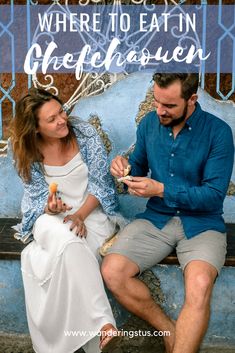 a man and woman sitting on a blue bench with text overlay where to eat in chefgasen