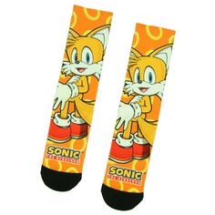 These Sonic The Hedgehog crew socks feature a detailed sublimated design of a large Tails character and golden rings design. They are made of soft and stretchy 82% Polyester, 16% Cotton, 2% Spandex tri-blend fabric. The toe cap has extra padding for more comfort when worn. The toe and heel are both reinforced for extra comfort and durability. The sock top is also reinforced to help the sock hold its shape and elasticity wash after wash. Size: One Size.  Color: Orange.  Gender: unisex.  Age Group Sonic The Hedgehog Tails, Sublimated Socks, Top Video Games, Golden Rings, Comfy Wear, Mens Crew Socks, Golden Ring, The Hedgehog, Mens Socks