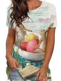 Material: Made of 91-99% Polyester+spandenx, soft and stretch comfortable to wear. Feature: Short Sleeve, Easter Day Element Print, Round Neck, T-shirt, Egg\Bunny\Floral Print, Bodycon. Easter Graphic Print Short Sleeve Tops, Casual Short Sleeve T-shirt For Easter, White Crew Neck T-shirt For Easter, Easter Graphic Print Crew Neck Top, White Short Sleeve T-shirt For Easter, White Crew Neck Top For Easter, Casual White Easter Tops, Casual White Tops For Easter, Kawaii Rabbit