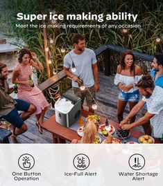 people are gathered around a table with food on it and the words super ice making ability