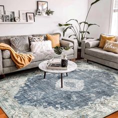 a living room with two couches and a rug