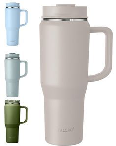 thermos mugs are different colors and sizes