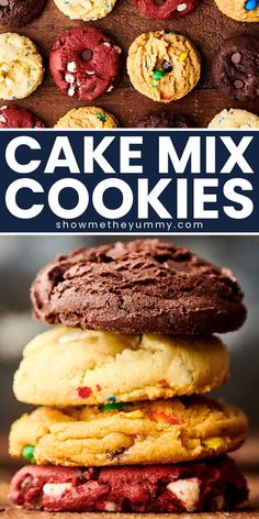 cookies are stacked on top of each other with the words cake mix cookies above them