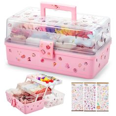 a pink suitcase with lots of different items in it