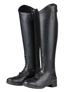 a pair of black riding boots on a white background