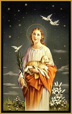 an image of the virgin mary holding a cat and dove in her arms with stars above it