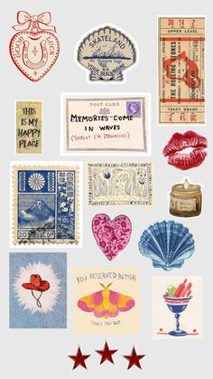 many different stamps and stickers are arranged on a white surface with red stars around them