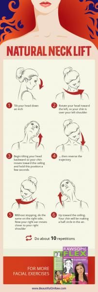 a woman's face and neck with instructions on how to use the neck lift