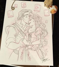 a drawing of a man and woman kissing in front of a teddy bear on top of a table