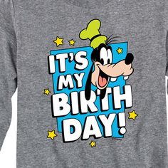 Mickey & Friends - Goofy It's My Birthday - Youth Long Sleeve Graphic T-Shirt - Celebrate the essence of Disney's Disney with officially licensed apparel featuring unique designs crafted exclusively by Hybrid Apparel. Each piece brings beloved characters, iconic imagery, and memorable moments to life, offering Disney fans a one-of-a-kind way to showcase their passion. Disney Birthday Shirt Boy, Toddler Birthday Disney Shirts, Its My Birthday Disney Shirt, It’s My Birthday Disney Shirt, Disney Cotton T-shirt For Birthdays, It S My Birthday, Disney Boys, Kids Clothes Boys, Boys Long Sleeve