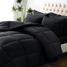 a bed with black comforter and pillows on it in a room next to a plant