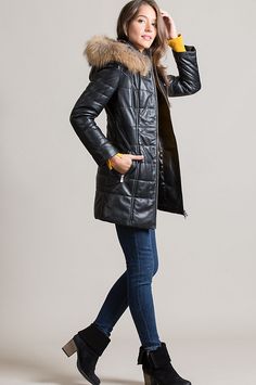 Image Luxury Fall Parka, Luxury Parka With Faux Fur Trim, Luxury Fall Parka With Faux Fur Trim, Luxury Fall Parka With Faux Fur Lining, Leather Coat With Fur, Leather Puffer, Lambskin Leather Jacket, Detachable Hood, Quilted Leather