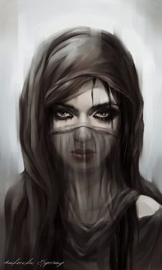 a digital painting of a woman's face with her eyes covered in veils