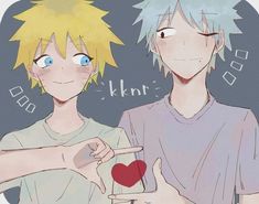 two anime characters one holding a heart and the other pointing at something with his finger