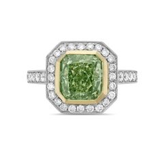 Gorgeous 18k white gold green diamond ring. Center is cushion cut fancy light green, yellow diamond weighing 3.03 carats, of SI1 clarity. Green Diamond Ring, Green Diamond Rings, Yellow Diamond Ring, Cushion Diamond Ring, Pista Green, Fancy Light, Yellow Diamond Rings, Diamond Rings Design, Fancy Lights