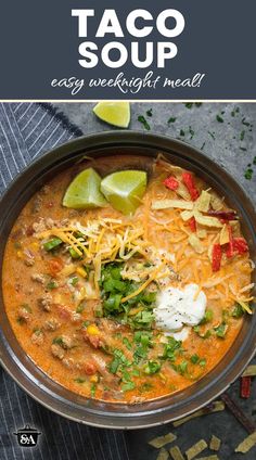 Overhead, close-up view of a pot of Taco Soup with toppings.