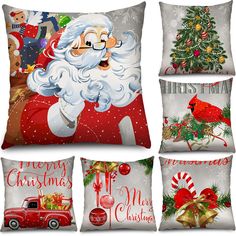 four christmas pillows with santa claus and other holiday themed items on the front, side, and back